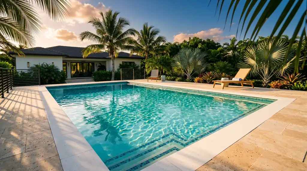 A clean South Florida backyard pool at golden hour